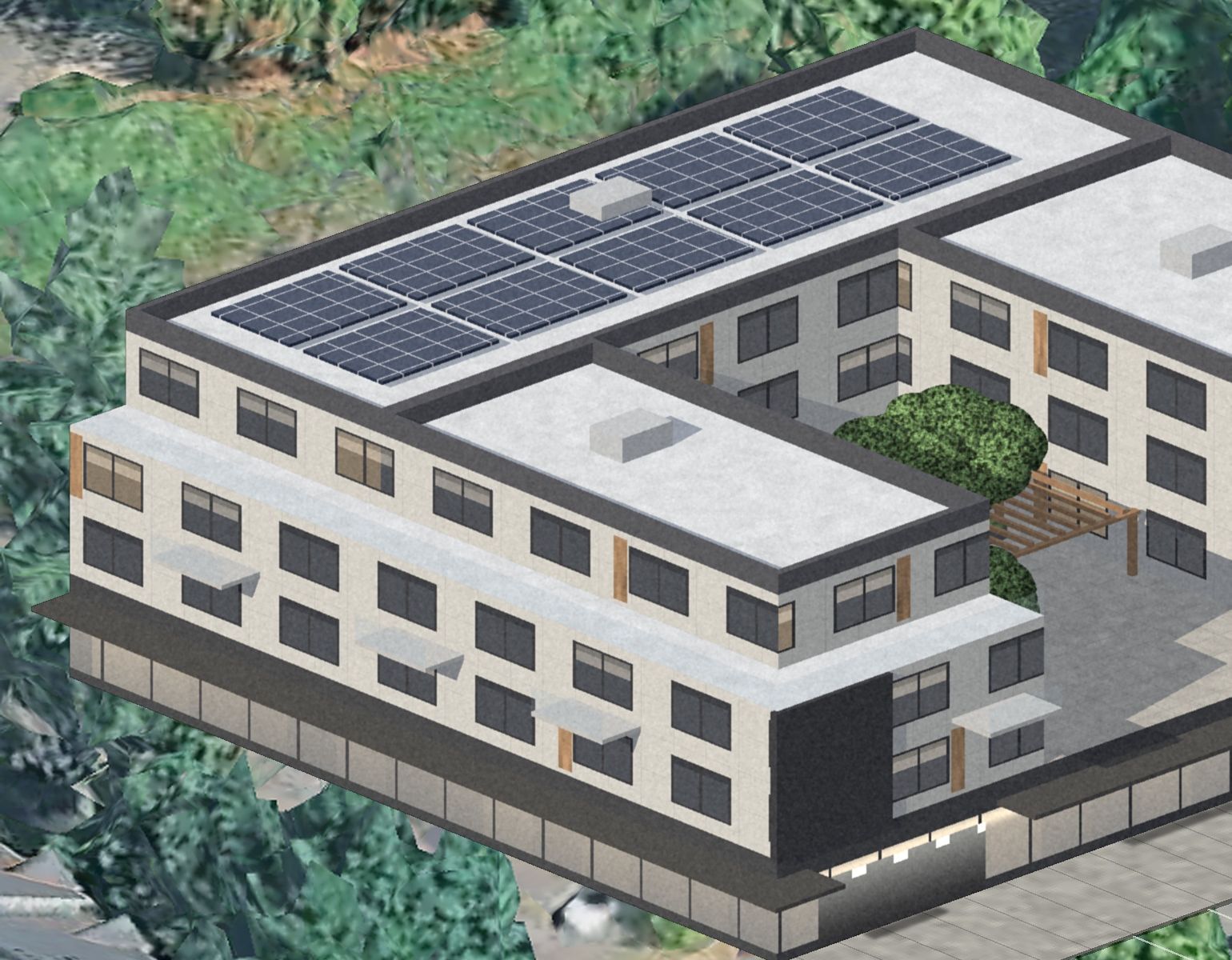 Aerial view of the proposed four-story building at West Bay Center, with shops on the ground floor, a planted courtyard, rooftop solar and the railroad behind